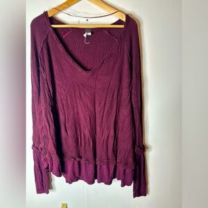 Free People We The Free Burgundy Thermal V-Neck Layered Look Long Sleeve Top M
